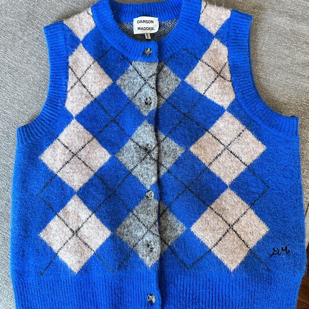 Damson Madder Blue Argyle Knit Cardigan Vest